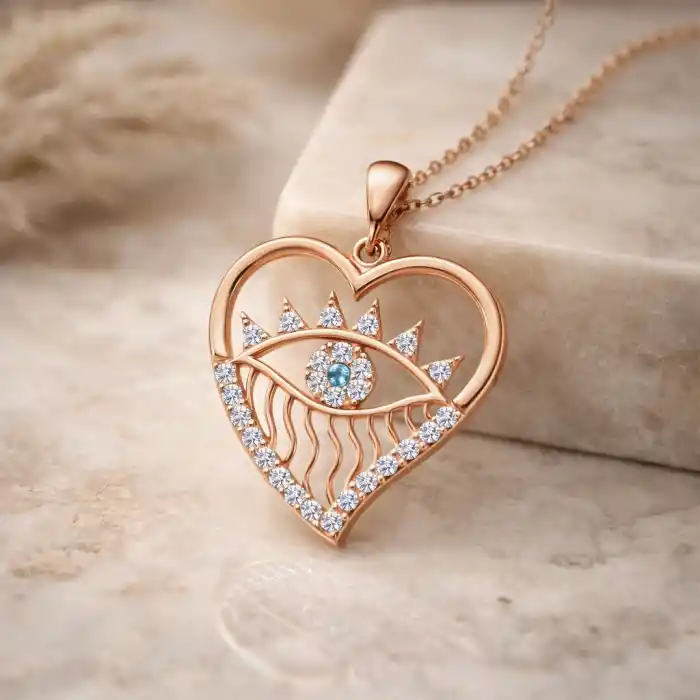 Gümüş Rose Kalp Göz Kadın Kolye
