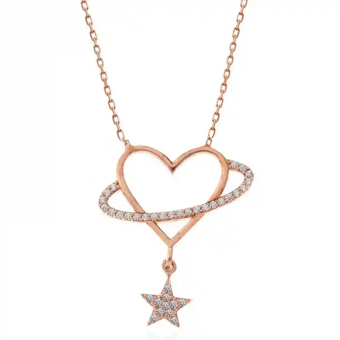 Gümüş Rose Kalp Yıldız Kadın Kolye
