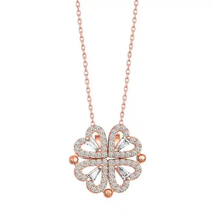 Gümüş Rose Kalpli Açılabilen Yonca Kadın Kolye