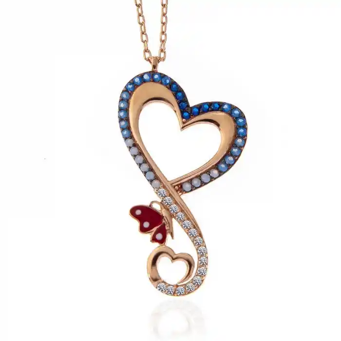 Gümüş Rose Kalpli Kelebek Kadın Kolye