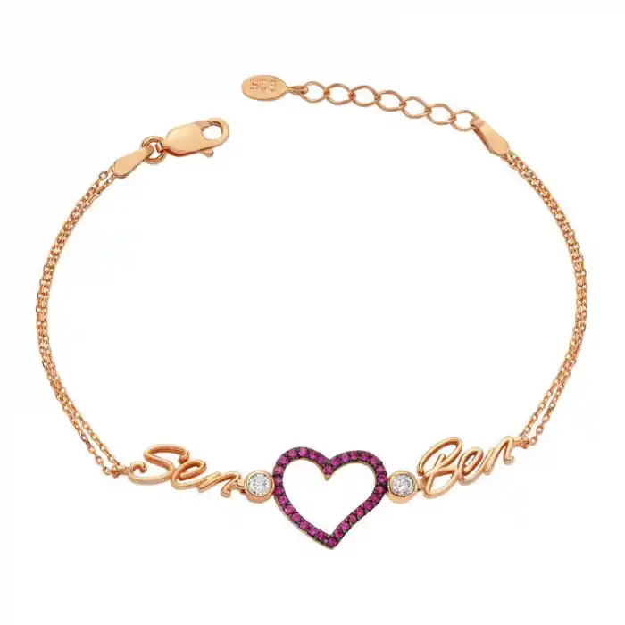 Gümüş Rose Kalpli Sen Ben Bayan Bileklik