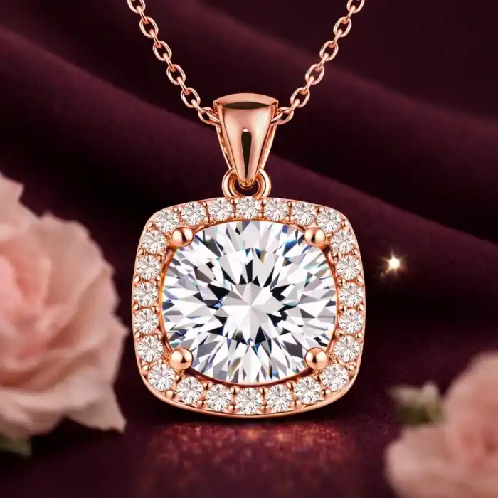 Gümüş Rose Kare Montür Tek Taş Kolye