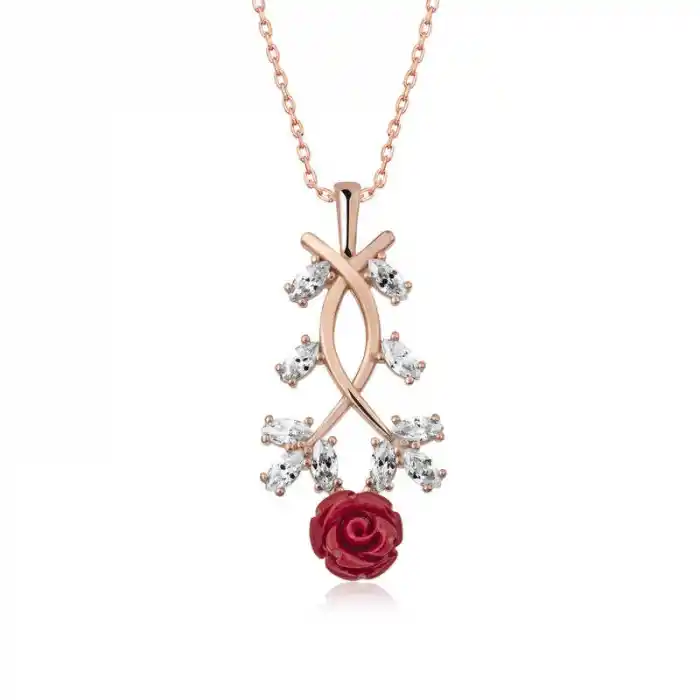 ​Gümüş Rose Kırmızı Gül Kolye