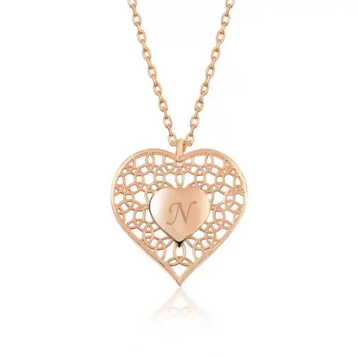 ​Gümüş Rose Kişiye Özel Kalbin İçinde Kalp Bayan Kolye