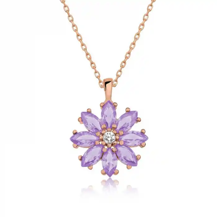 Gümüş Rose Lila Çiçek Kolye