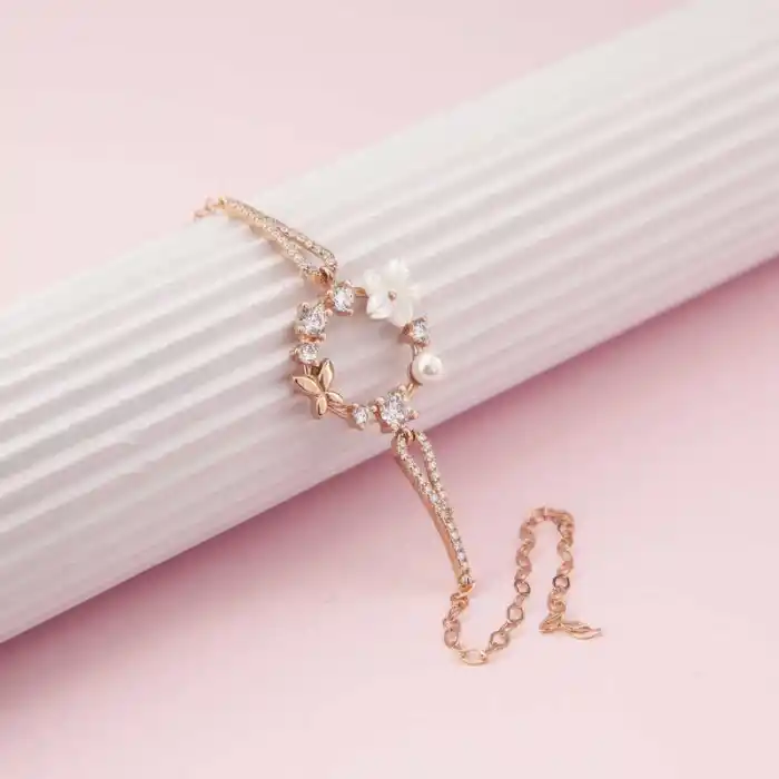 Gümüş Rose Manolya Çiçeği Kelebek Kadın Bileklik