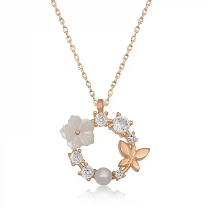 Gümüş Rose Manolya Çiçeği Kelebek Kadın Kolye