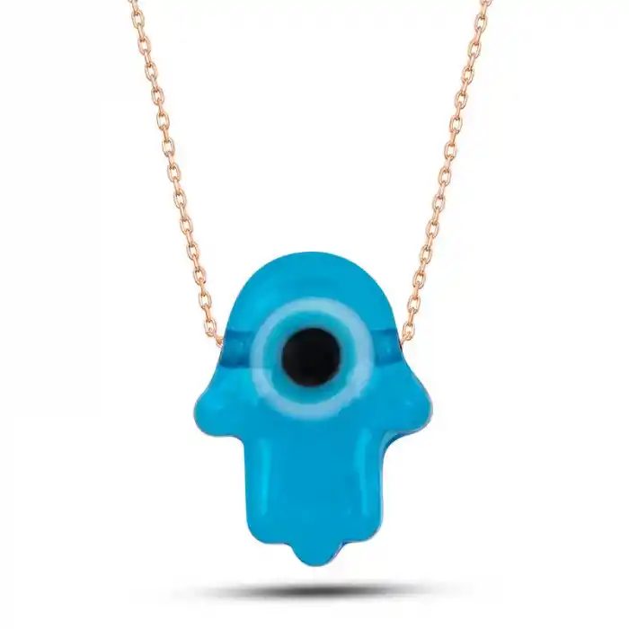 Gümüş Rose Mavi Nazarlı Cam Fatma Ana Eli Kadın Kolye