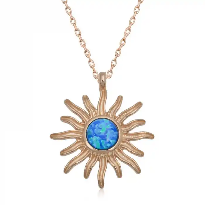 ​Gümüş Rose Mavi Opal Taşlı Güneş Kadın Kolye