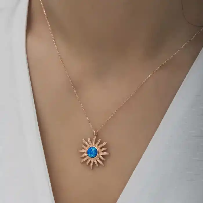 ​Gümüş Rose Mavi Opal Taşlı Güneş Kadın Kolye