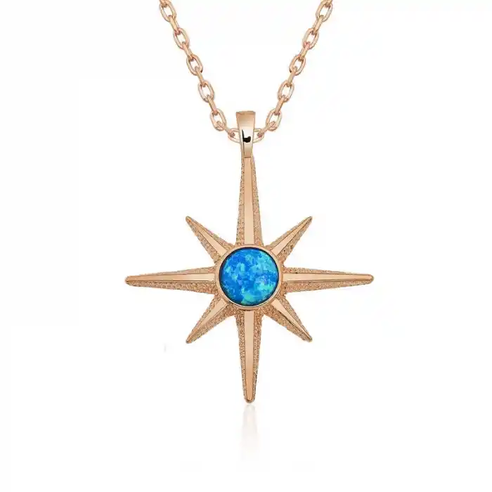 ​Gümüş Rose Mavi Opal Taşlı Kutup Yıldızı Kolye