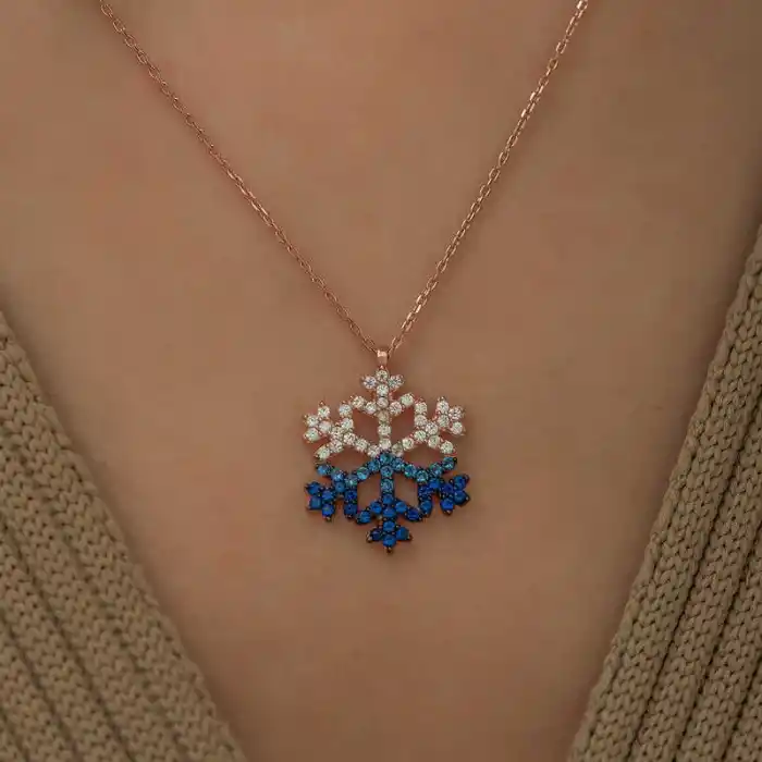 Gümüş Rose Mavi Taşlı Kar Tanesi Kolye