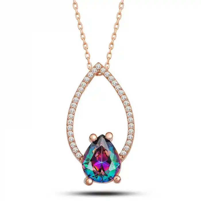 Gümüş Rose Mistik Topaz Taşlı Damla Kadın Kolye