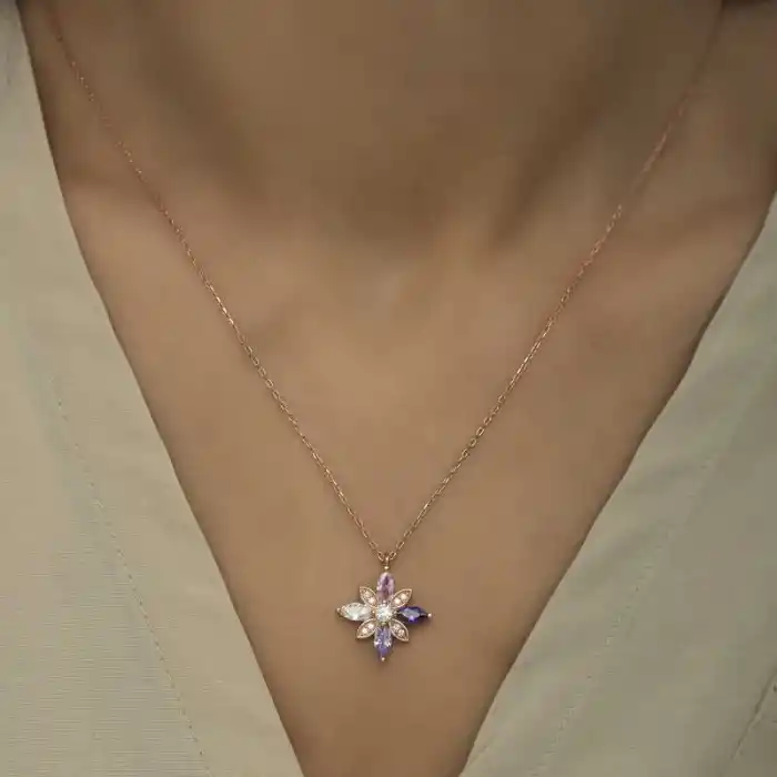 Gümüş Rose Mix Taşlı Umut Çiçeği Kolye