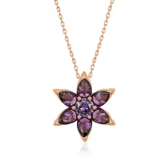 ​Gümüş Rose Mor Çiçek Kolye