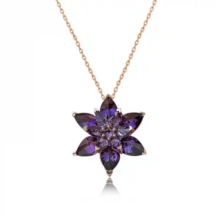 Gümüş Rose Mor Lotus Çiçeği Kolye