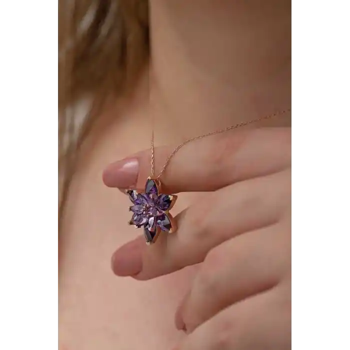 Gümüş Rose Mor Lotus Çiçeği Kolye