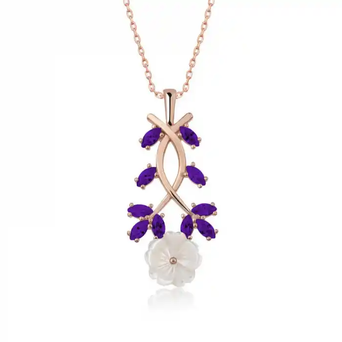 Gümüş Rose Mor Yapraklı Bahar Çiçeği Kolye