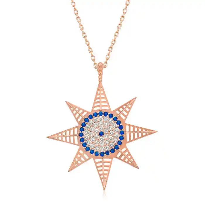 Gümüş Rose Nazarlı Kutup Yıldızı Kadın Kolye