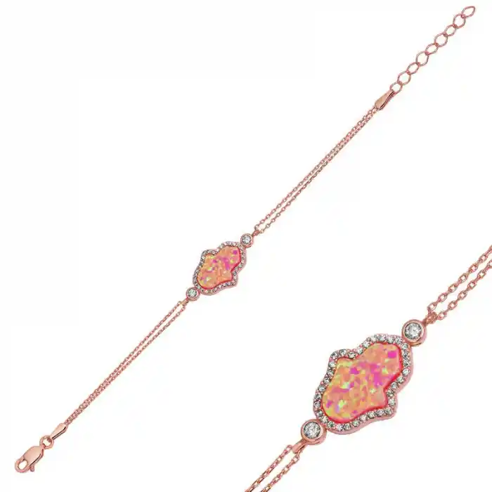 Gümüş Rose Pembe Opal Fatma Ana Eli Bayan Bileklik