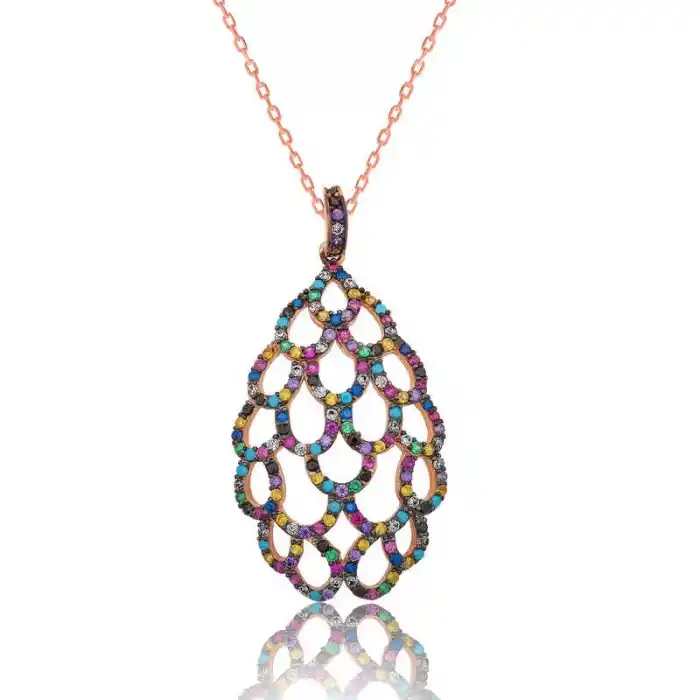 Gümüş Rose Renkli Bayan Kolye