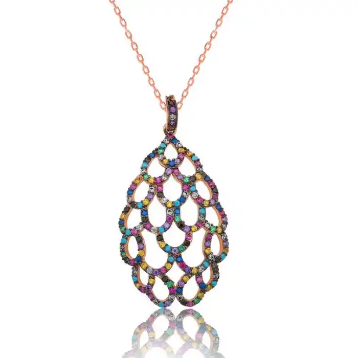 Gümüş Rose Renkli Bayan Kolye