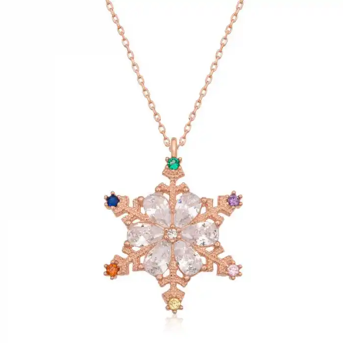 Gümüş Rose Renkli Taşlı Kar Tanesi Kadın Kolye