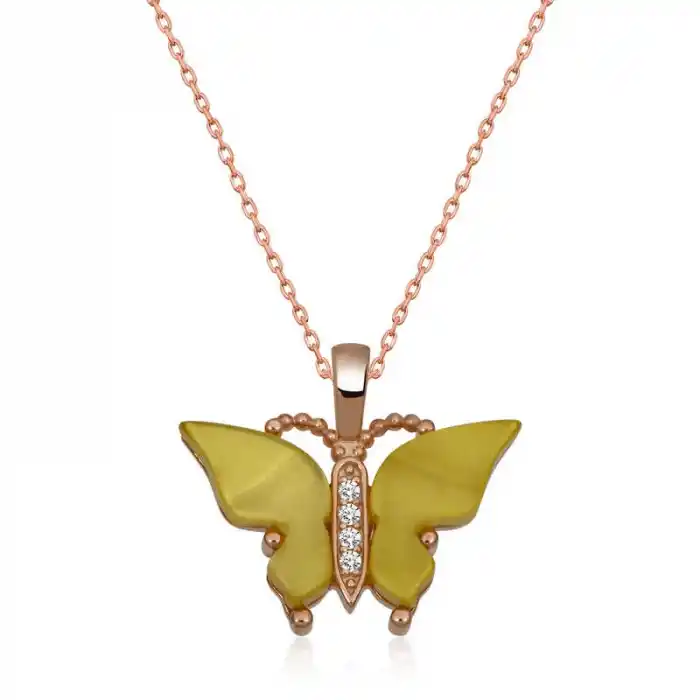 Gümüş Rose Sarı Kaplangözü Taşlı Kelebek Kolye