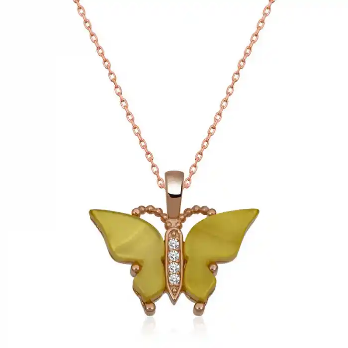 Gümüş Rose Sarı Kaplangözü Taşlı Kelebek Kolye