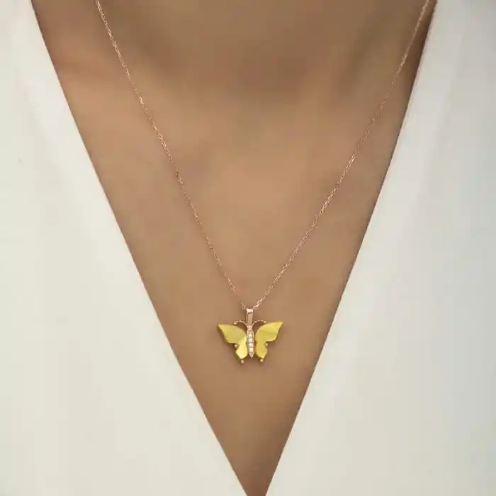 Gümüş Rose Sarı Kaplangözü Taşlı Kelebek Kolye