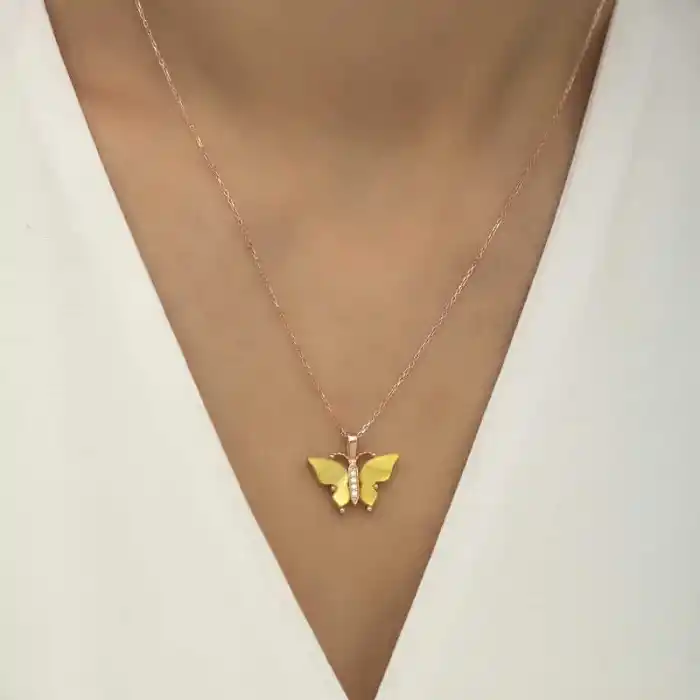 Gümüş Rose Sarı Kaplangözü Taşlı Kelebek Kolye
