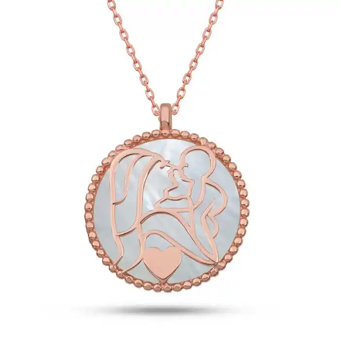 Gümüş Rose Sedef Taşlı Anne Çocuk Sevgisi Kolye