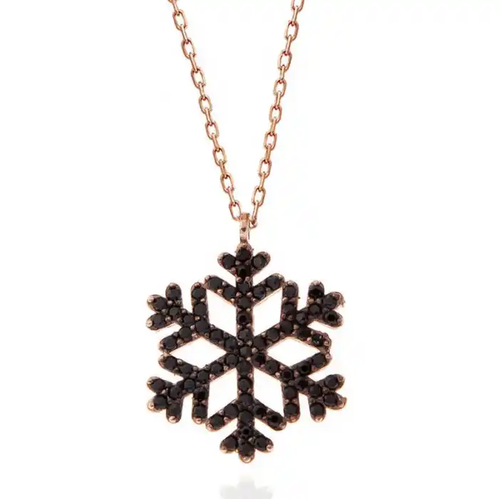 Gümüş Rose Siyah Taşlı Kar Tanesi Kadın Kolye