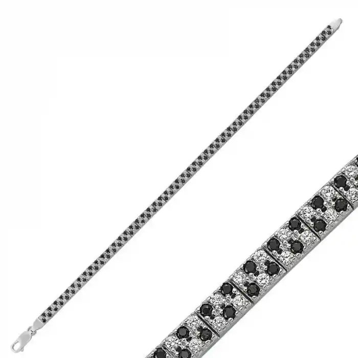 Gümüş Siyah Beyaz Taşlı Su Yolu Bayan Bileklik