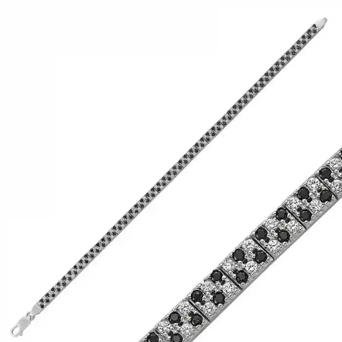 Gümüş Siyah Beyaz Taşlı Su Yolu Bayan Bileklik