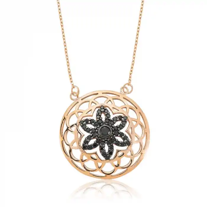 Gümüş Siyah Yaşam Çiçeği Bayan Kolye