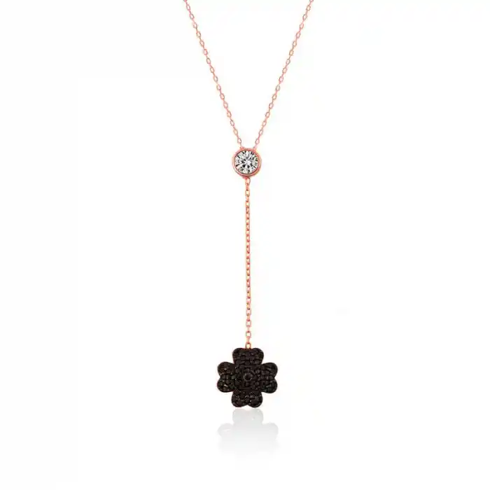 Gümüş Siyah Yonca Bayan Kolye