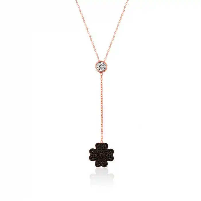 Gümüş Siyah Yonca Bayan Kolye