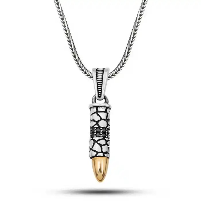 Gümüş Siyah Zirkon Taşlı Mermi Erkek Kolye