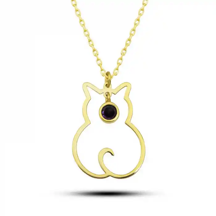 Gümüş Şubat Ayı Doğum Taşı Kedi Kadın Kolye