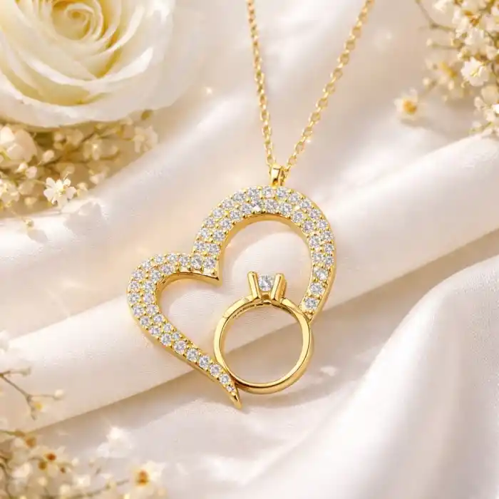 Gümüş Tektaşlı Gold Kalp Kadın Kolye