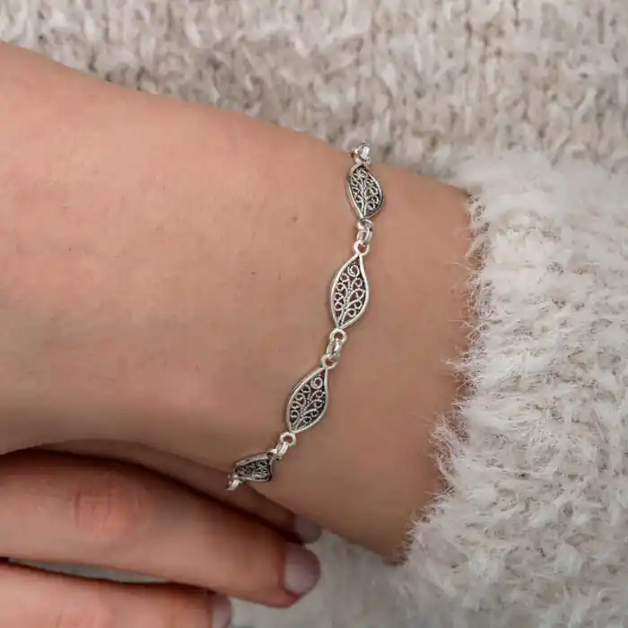 Gümüş Telkari Yaprak Desenli Kadın Bileklik