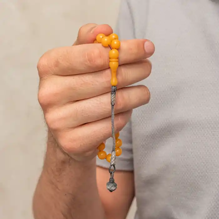 Gümüş Top Kazaz Püsküllü Sarı Yuvarlak Sıkma Kehribar Tesbih