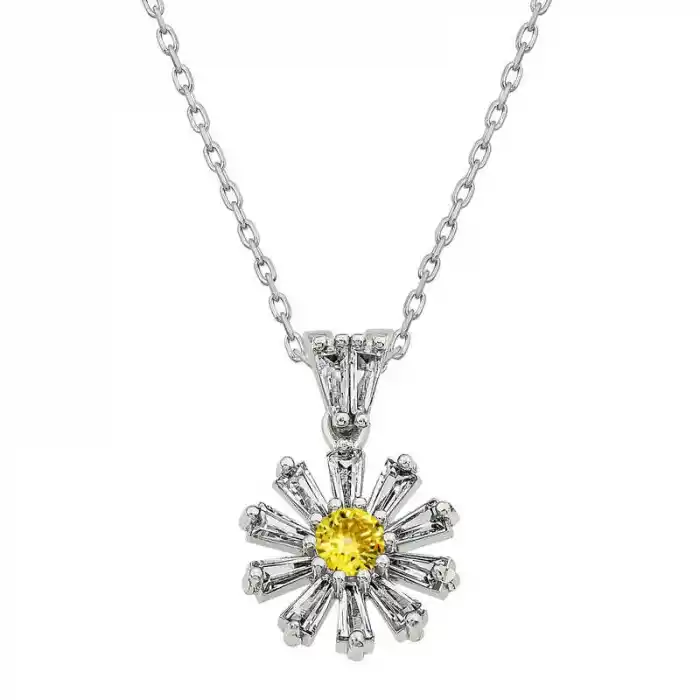 Gümüş Trapez Taşlı Çiçek Bayan Kolye