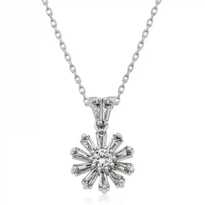 Gümüş Trapez Taşlı Çiçek Bayan Kolye