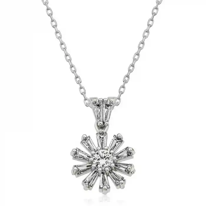 Gümüş Trapez Taşlı Çiçek Bayan Kolye