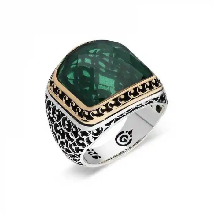Gümüş Yeşil Zirkon Taşlı Erkek Yüzük
