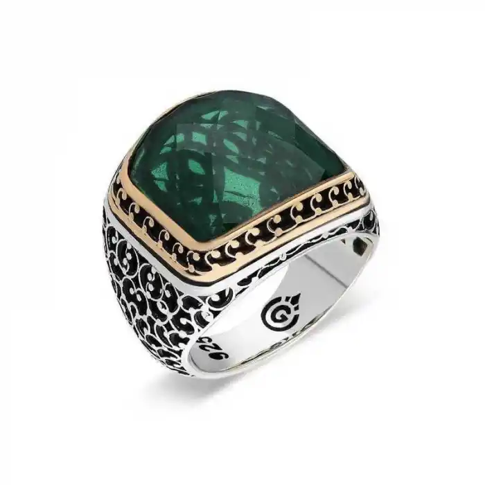 Gümüş Yeşil Zirkon Taşlı Erkek Yüzük