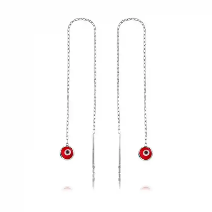 Gümüş Zincirli Kırmızı Nazar Küpe