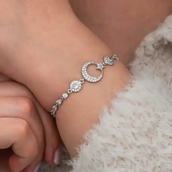 Gümüş Zirkon Taşlı Ay Yıldız Kadın Bileklik